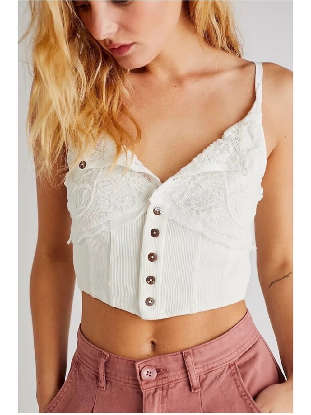 Free People White Lace Button-Front Cropped Tank NEW WITH TAGs